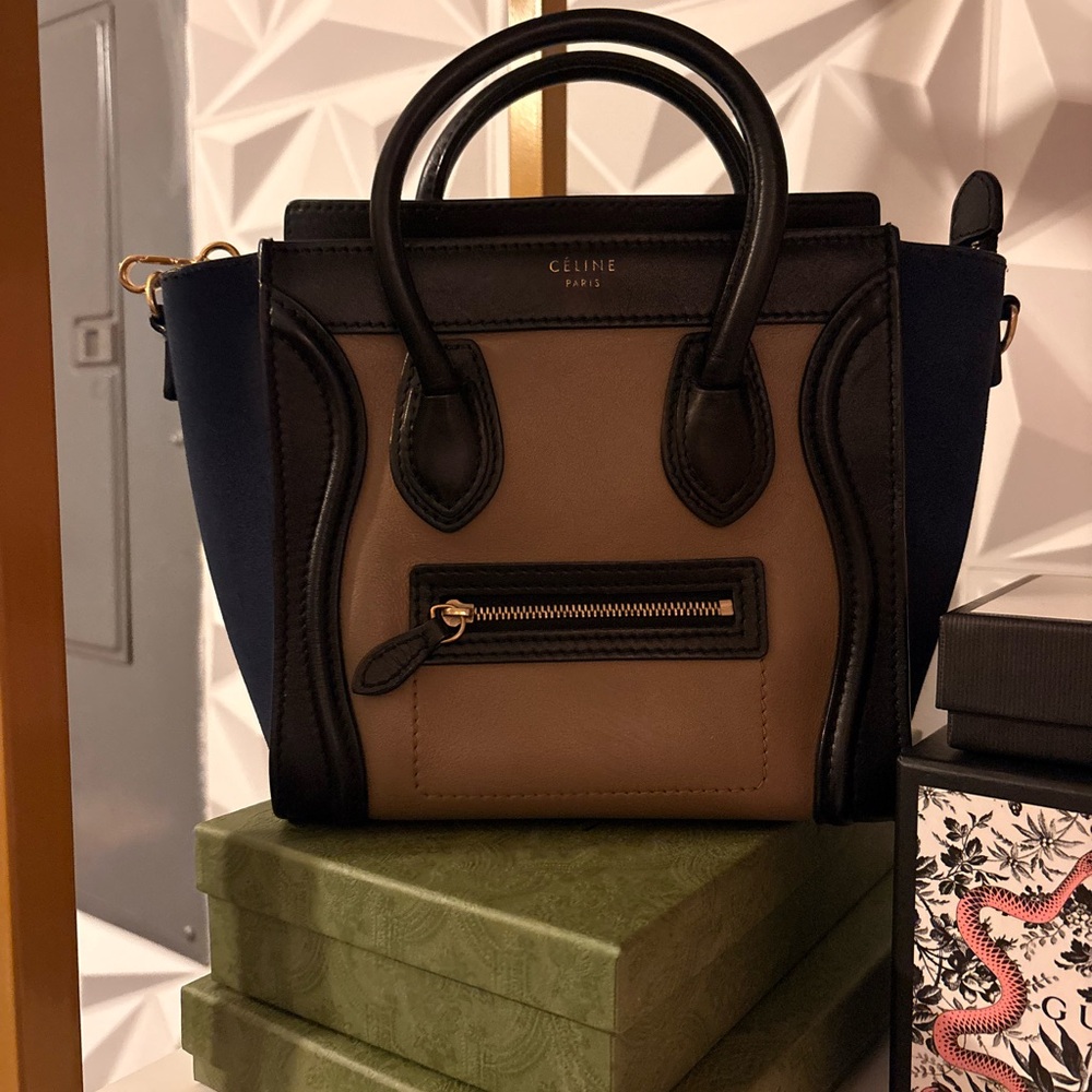 Celine Tricolor Mini Luggage Tote in Brown, Black, and Navy - Picture 3 of 11